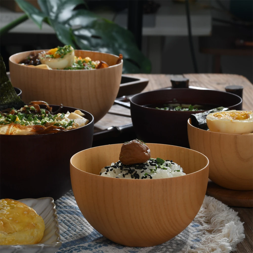 Japanese Style Nature Wooden Bowl Soup/Salad Rice Bowls Tableware Household Basin Fruit Plate Pretty Bowl Utensils for Kitchen