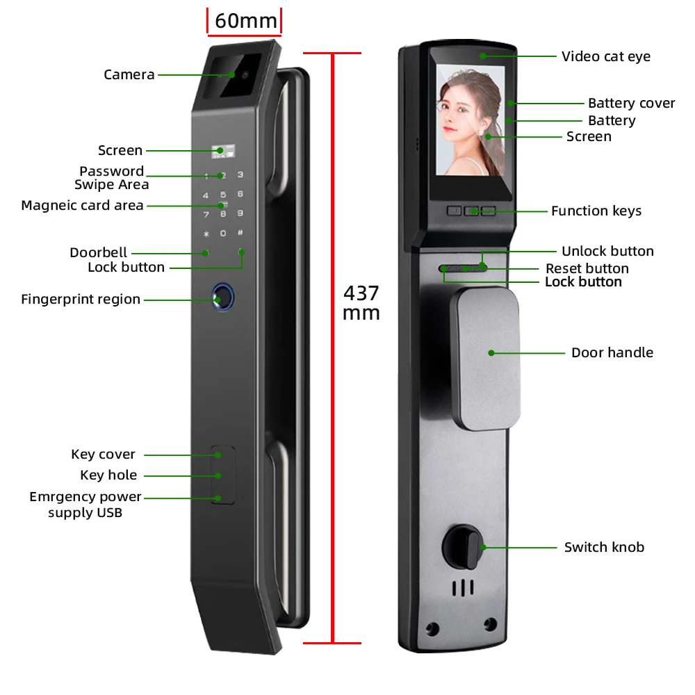 RAYKUBE DF14 Tuya WiFi 3D Face Recognition Digital Door Lock With Two-way Audio WiFi Camera Video Call APP Remote Unlock