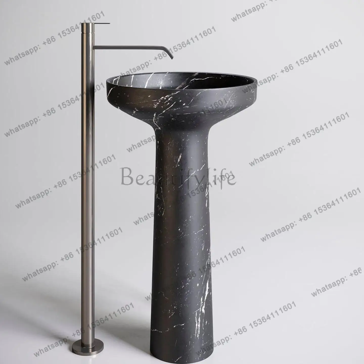Black White Marble Pedestal Basin, Outdoor Modern Vanity for Villa Resort, High Hardness & Heat Resistant