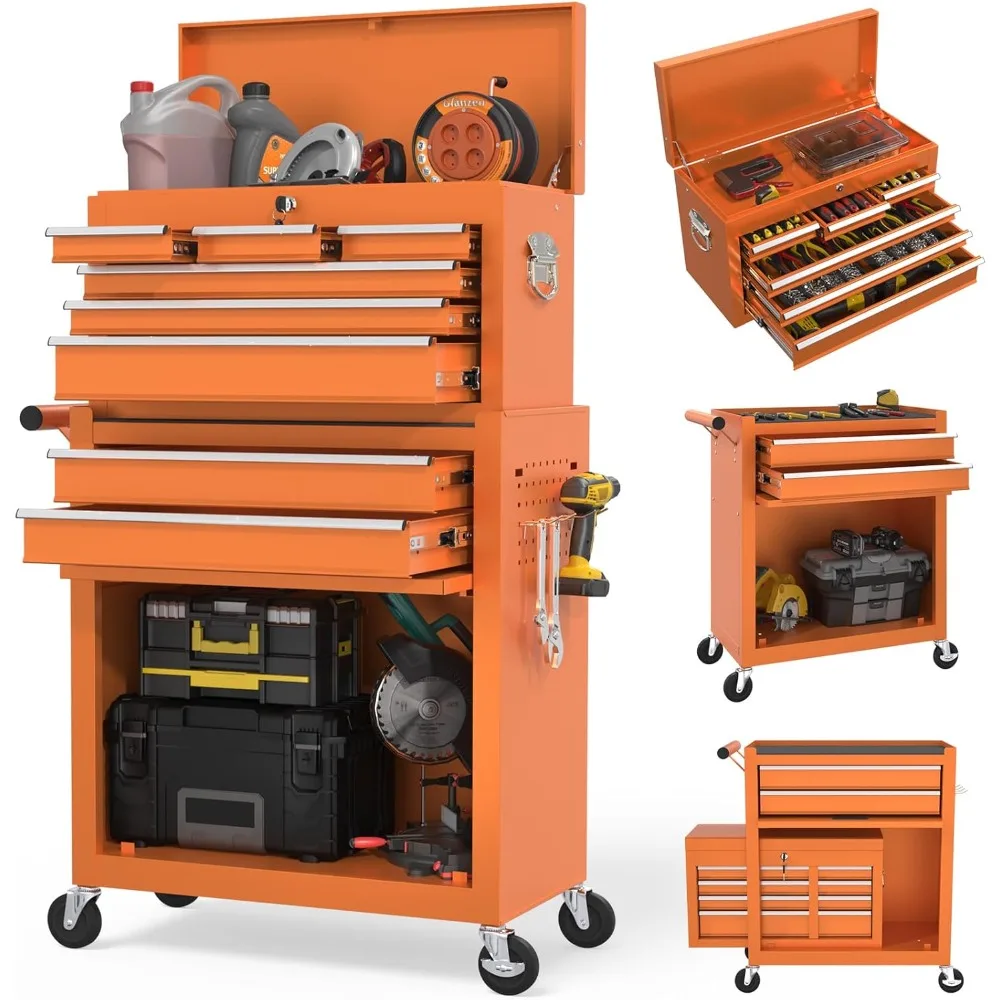 Tool Chest, Drawer Rolling Tool Storage Cabinet with 2 in 1 Detachable Top Tool Box, Liner, Lockable Wheels, Side Hooks, Lock