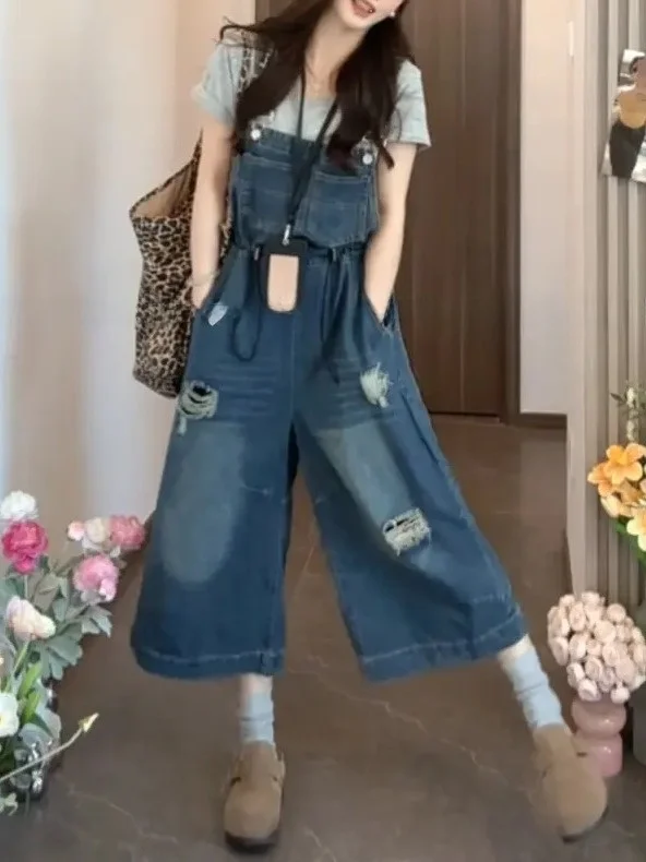 

Синие джинсовые комбинезоны женские, свободные повседневные брюки с широкими штанинами, летняя новинка, европейский стиль, рабочая одежда, с высокой талией, для поездок на работу, из хлопка