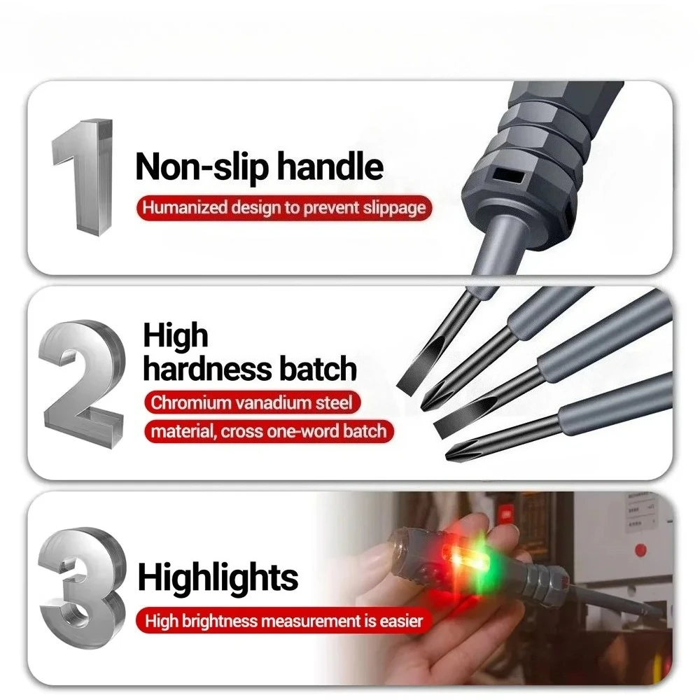 Multifunctional Electrician Test Screwdriver AC Non-contact Induction Voltage Tester 70-600V with Red Green Induction Lights for