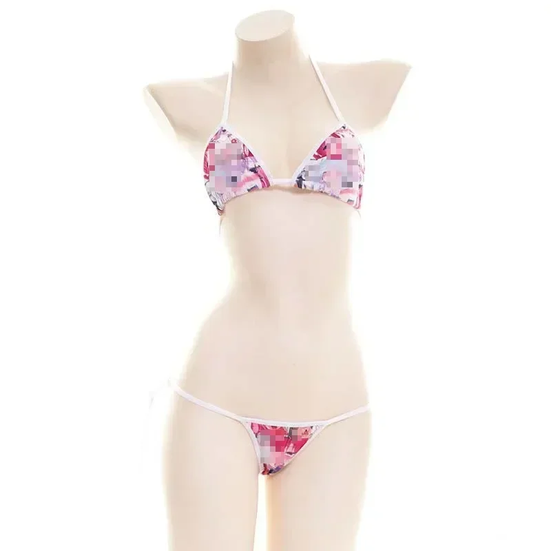 Conjunto de Bikini de microrayado de Anime Lolita, traje de baño para mujer, sujetador Halter y bragas, lencería Sexy, Bikini Monokini, conjuntos de traje de baño