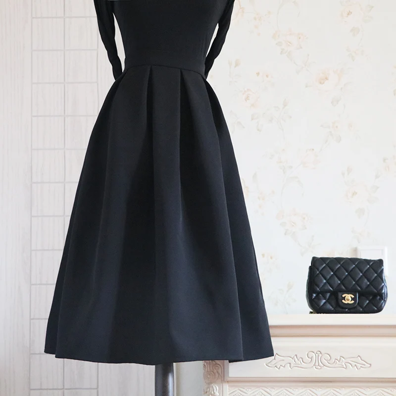 Spring Summer New Retro Pleated Fluffy Midi Half Skirt A-Line High Waist Black Hepburn Umbrella Skirt Four Seasons Wear