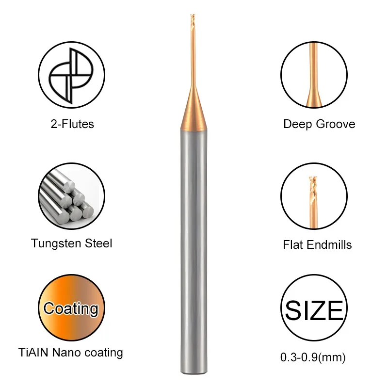 YIFION HRC55 2-Flute 50.0mm Length Tungsten Steel Endmills For CNC Machining 0.3-0.9mm Micro Diameter Deep Groove Milling Cutter