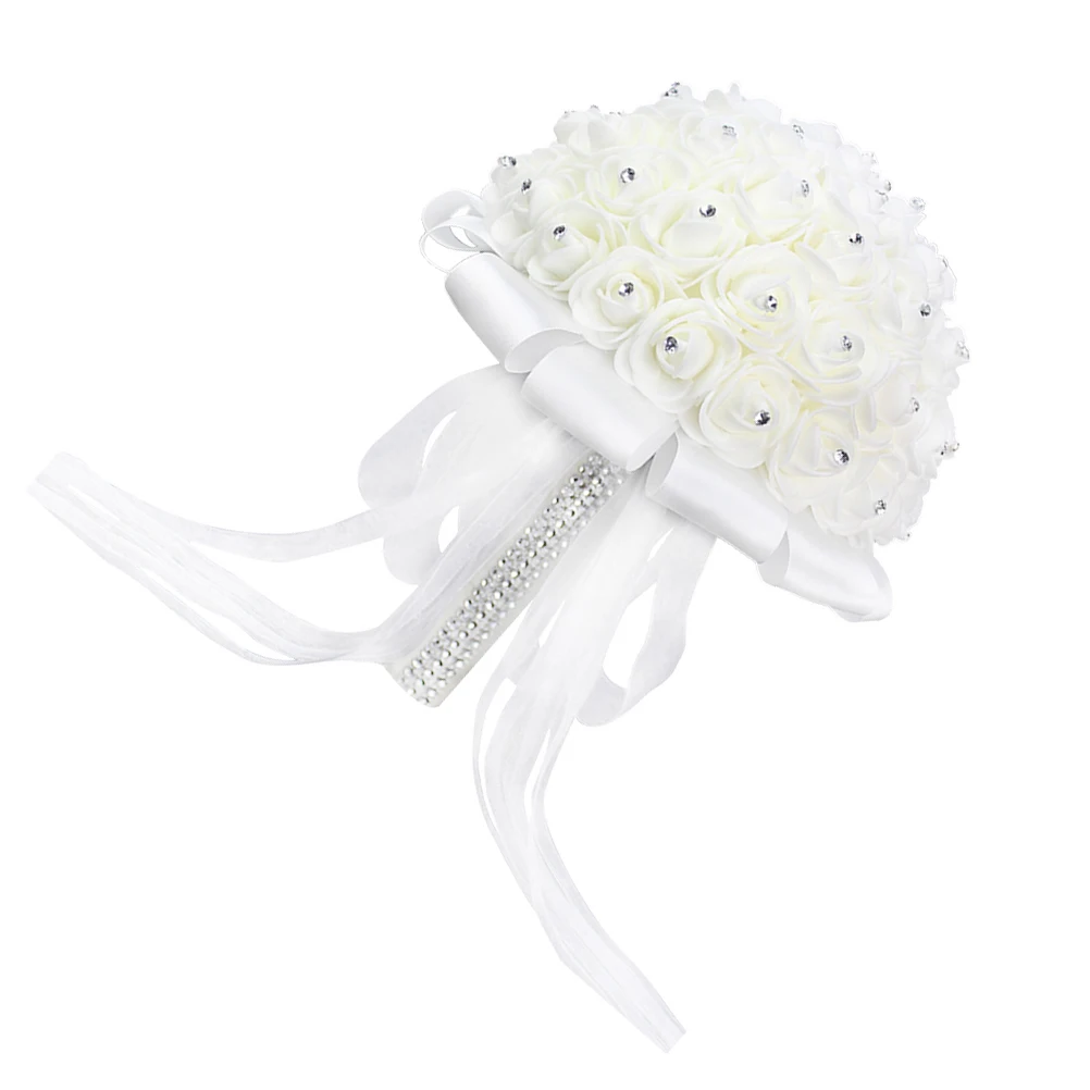 

Artificial Wedding Premium Foam White Rose Flower Decor Realistic Rhinestone Embellished Desk Shelf Counter Space for Desktop
