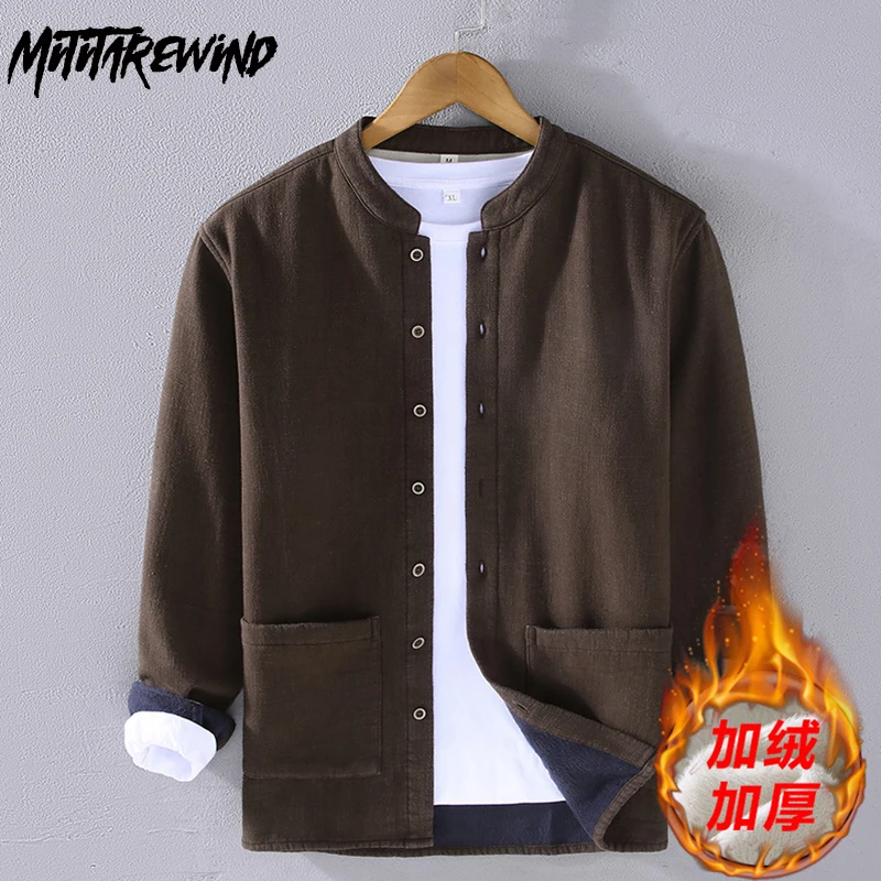 Japanese Winter Mens Shirts Vintage Clothes Stand Collar Fleece Cotton Linen Shirt Men Warm Top Thickened Long Sleeve Shirts Man