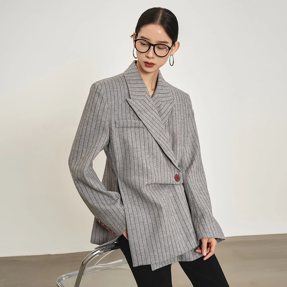 TWOTWINSTYLE Striped Printting  Asymmetrical Chic Blazer For Women Notched Collar Long Sleeve Slimming Blazer Female Clothes New