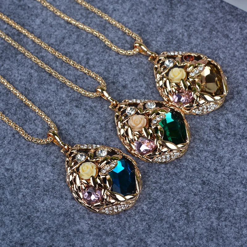 Crystal Flower Necklaces & Pendants for Women Trendy Gold Color Long Necklace Collier Femme Fashion Female Sweater Chain Jewelry