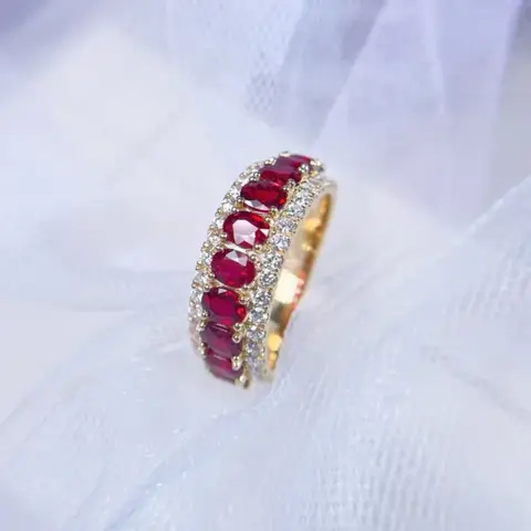 Luxurious 24K real gold ruby classic ring au999 gold group set round deep red tail ring for women