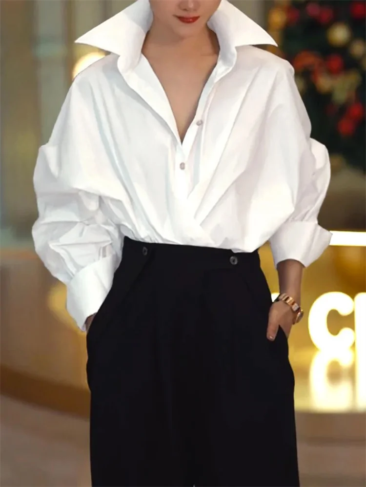 Uoozee White Shirts For Women 2025 New Long Sleeves Buttoned Solid Color Urban Casual Minimalist Lapel Blouses Women's Clothing