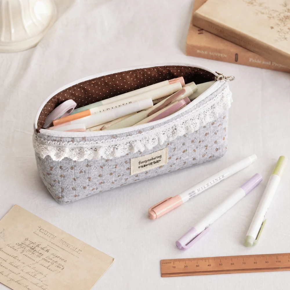 Vintage Floral Pattern Pencil Case Grey Large Capacity Pen Bag Lace Trim Stationery Organizer School Office Supplies