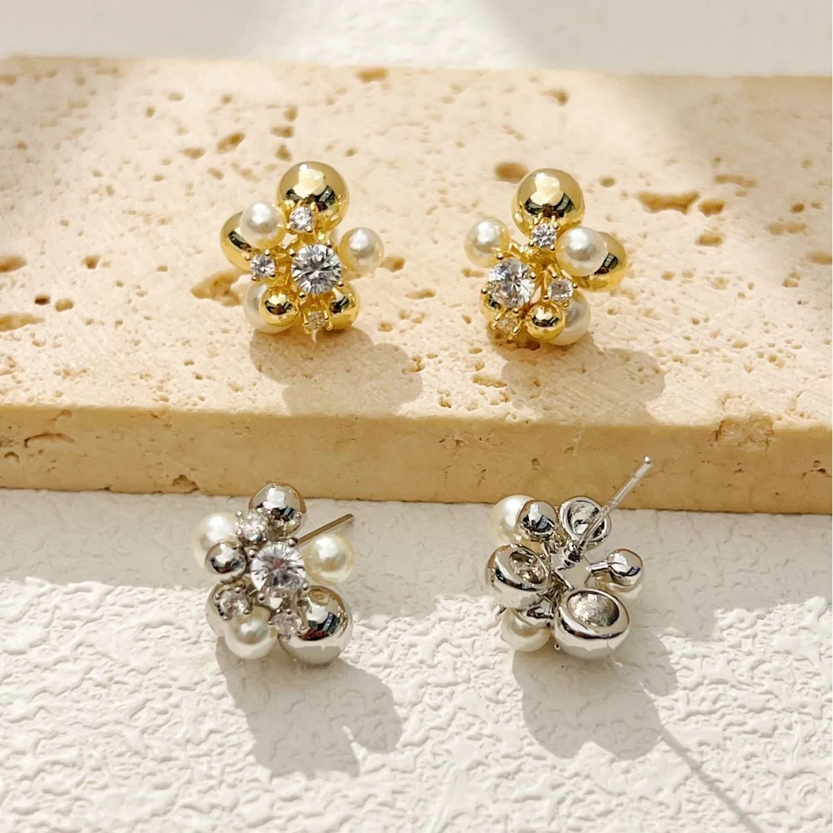 High-end simple pearl zircon earrings, fashionable and versatile earrings for women, niche accessories