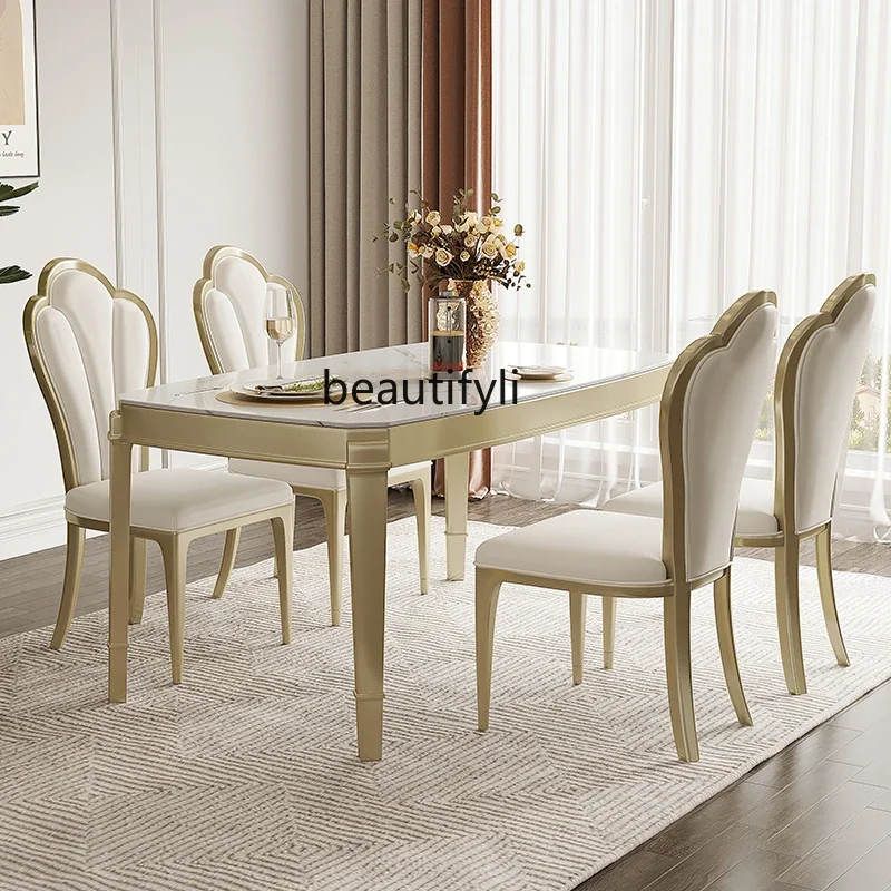 

American rectangular rock slab, French all-solid wood modern simple dining table and chair combination, dining table