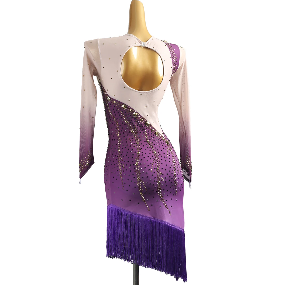 

High-end Latin Dance Competition Dance Dress Purple Gradient Full Diamond Tassel Long-sleeved Slim Ballroom Dance Performance