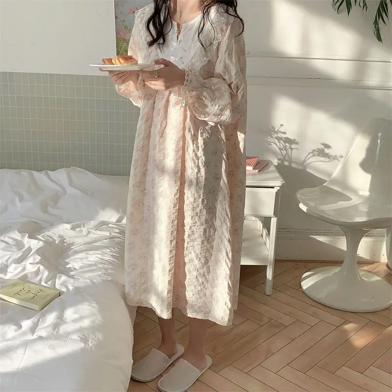 

Floral Women Nightgown Autumn Sleepwear Long Sleeve Night Dress Korean One Piece Pajamas V-neck Nightwear Lace Bow Sleeping Wear