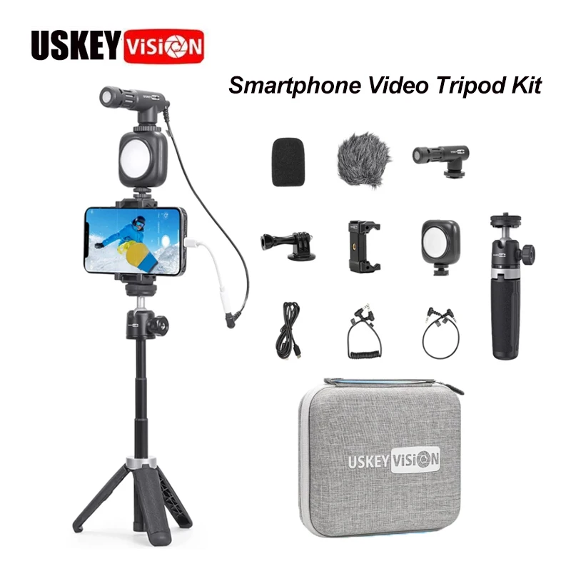 USKEYVISION Retractable Tripod with Microphone/LED Video Light/Smartphone Clip/Extendable Tripod Kit for Youtube Live Conference