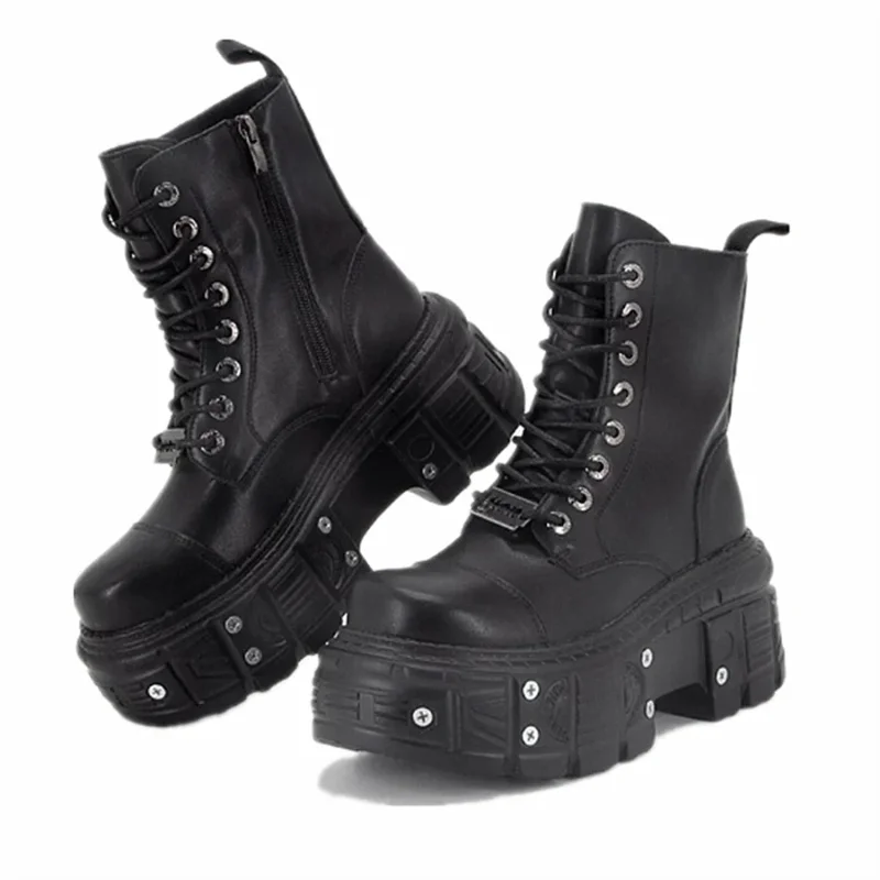 

Punk Style Women Boots Lace-up Heel Height Platform Shoes Woman Gothic Ankle Rock Boots Metal Decor Man And Woman Sneakers 2025