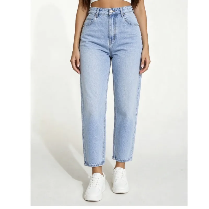 Women Light Blue High Waist Harem Jeans Loose Slim Ankle Length Dad Jeans Casual Vintage Washed Denim Tapered Trousers