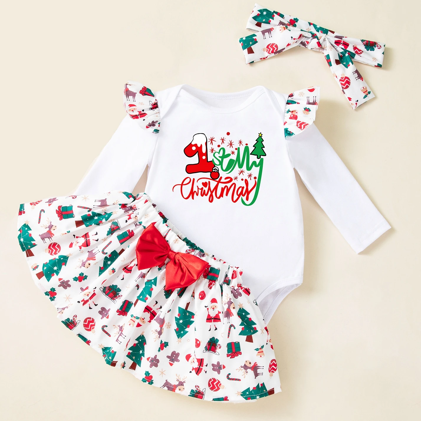 My First Christmas Outfit Baby Girl White Christmas Bodysuit Green Tree Tutu Skirt Headband First New Year Party Sweet  Clothes