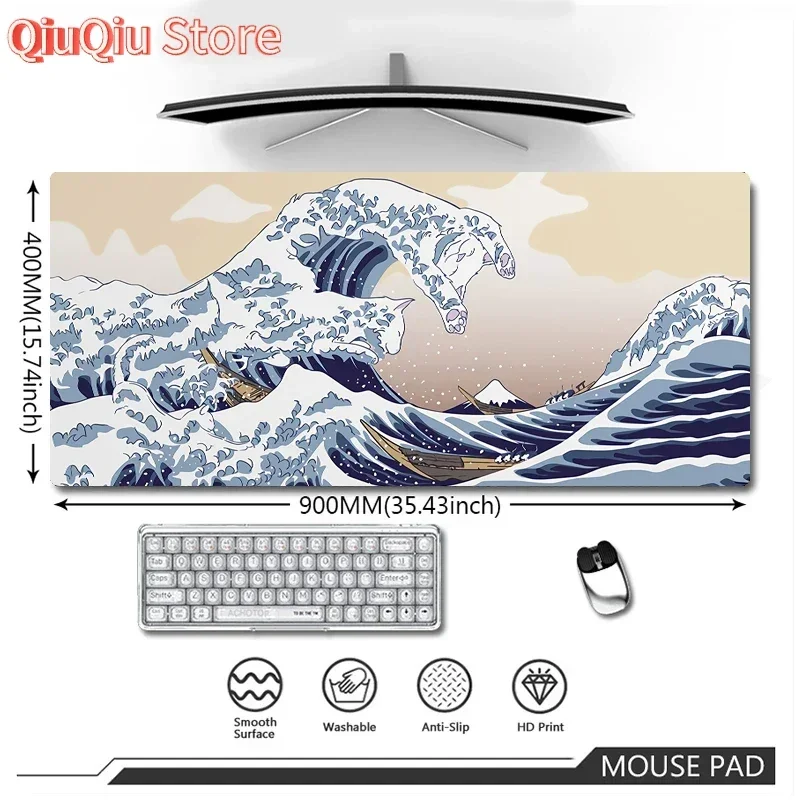 日本風波紋HDマウスパッド 大型 日本美術 ラバー スピードゲーム 厚縁マウスパッド XXL エッジ コンピューター オフィス デスクマット