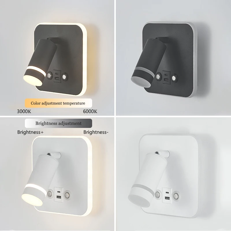 Modern Led Wall Lamp Black Touch Dimming Bedside Reading Lamp Wall Mounted Spotlight Light Usb Charging Atmosphere Night Light