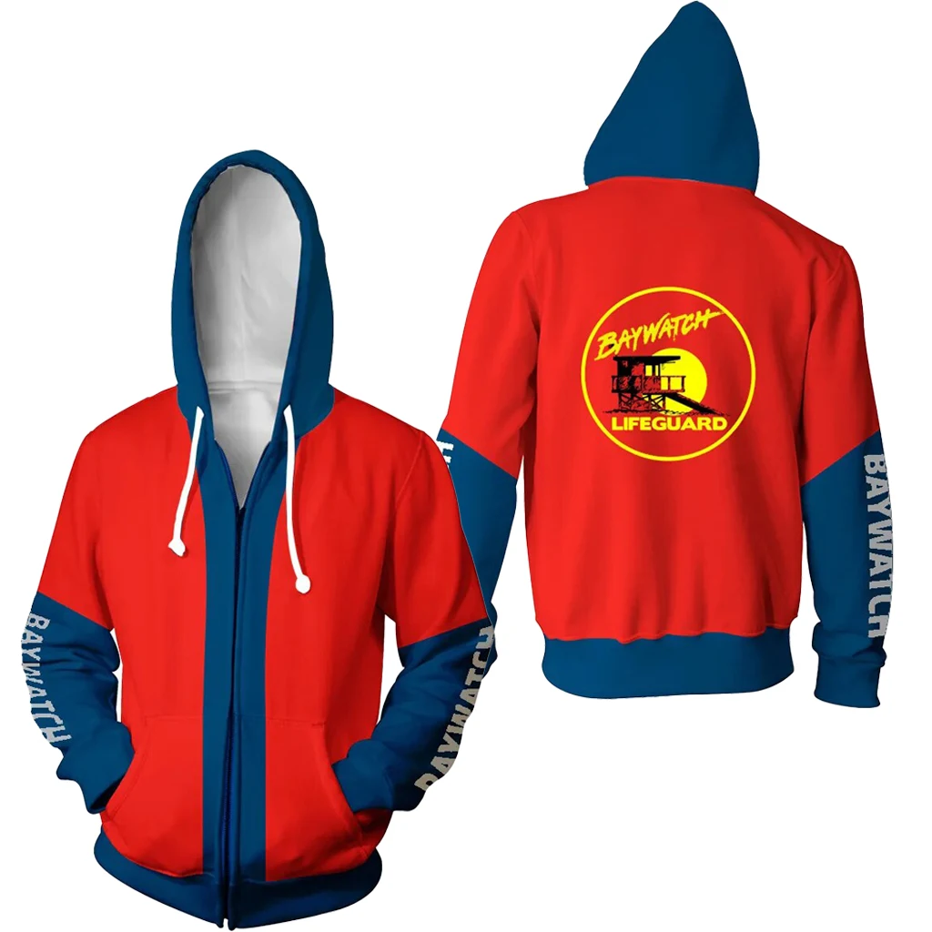 Sudadera con capucha Unisex con estampado 3D de Baywatch, traje de juego de rol, tendencia urbana, sudadera con cremallera fina, ropa de calle