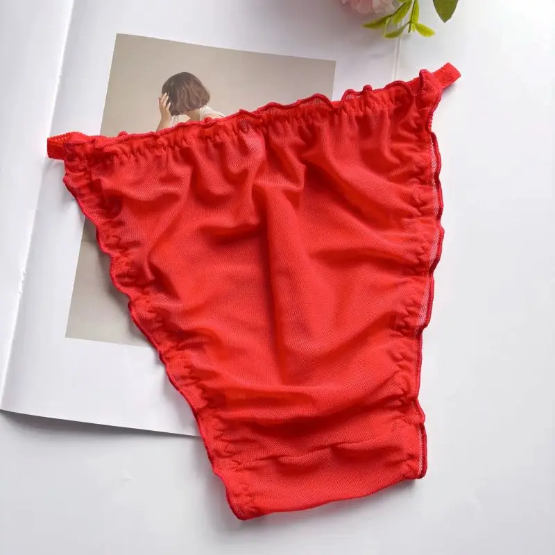 Men's Mesh Briefs Convex Pouch Red Sheer Panties Sweet Bow Ruffled Crossdressing Elastic Underwear Sissy Lingerie