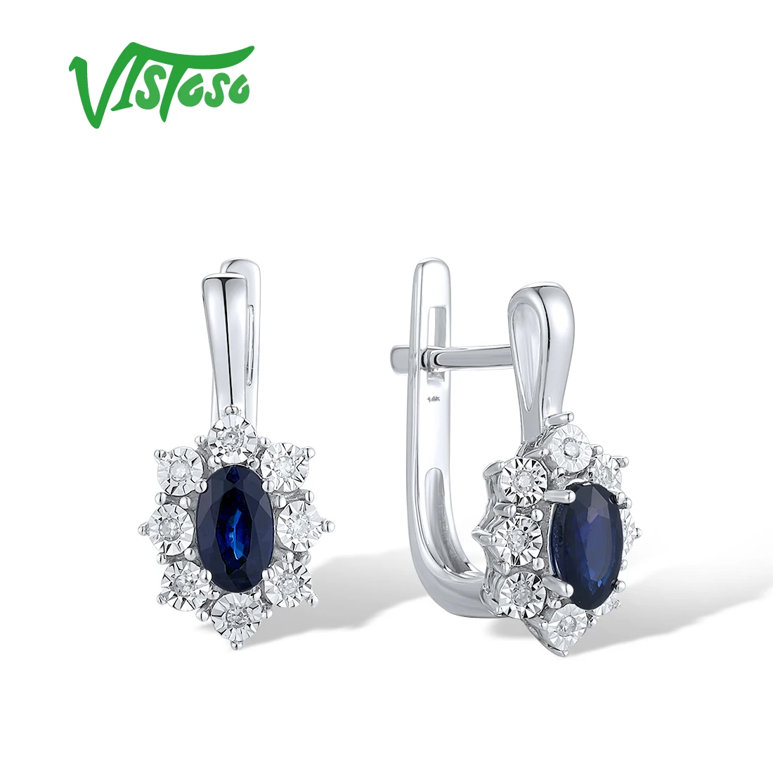 VISTOSO Genuine 14K 585 White Gold Clip Earrings For Women Sparkling Diamonds Blue Sapphire Fantastic Wedding Fine Jewelry