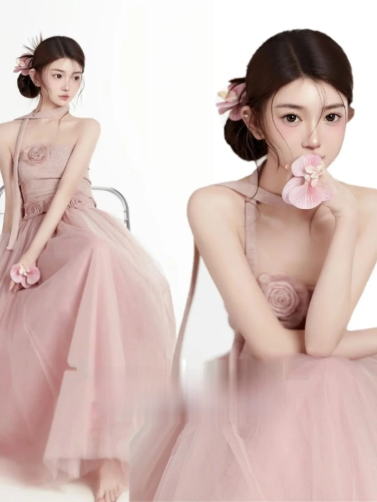 

New Arrival Soft Pastel Pink Photography Wardrobe Elegant Style Little Girl Dress for Individual Photo Shoots