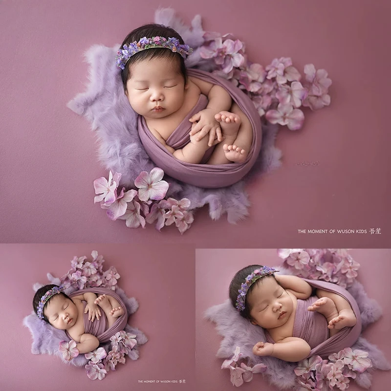 Newborn Photography Props Purple Floral Theme Set for Baby Girls with Blanket Wrap Headband Fur Mat for Studio Photoshoot