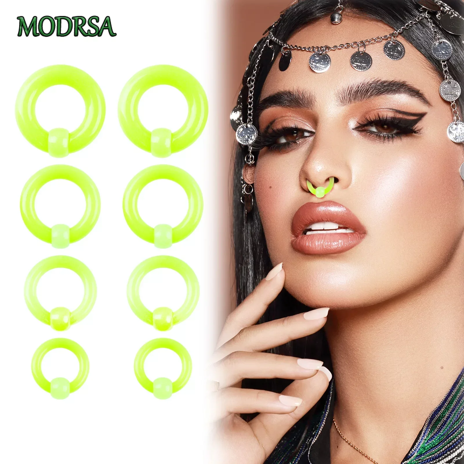 MODRSA 1PC Acrylic Nose Piercing Single Ball Nose Ring Fluorescent Green Creative Hip-Hop BCR Piercing Jewelry for Man and Woman