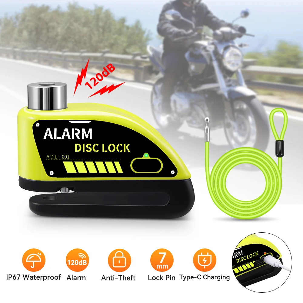 Motorcycle Alarm Disc Lock 120dB Anti-Theft Bike Alarm Lock Rechargeable Waterproof With 1.8M Cable Security System