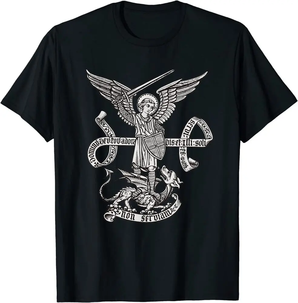 St Michael Archangel Catholic Angel Defend Us T-Shirt For Men Clothing Women Short Sleeve Tees Vintage High Quality 100%Cotton