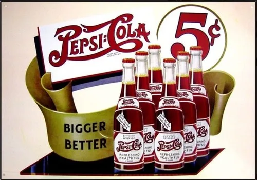 Pepsi-Cola 5 Cents Bigger Better Vintage Novelty Sign 17.4