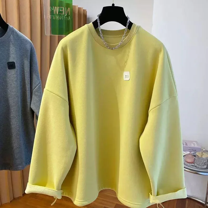 

Autumn and Winter New Solid Color Plus Plush Thick Hoodie for Women, Loose Mid to Long Round Neck Top for Autumn and Winter