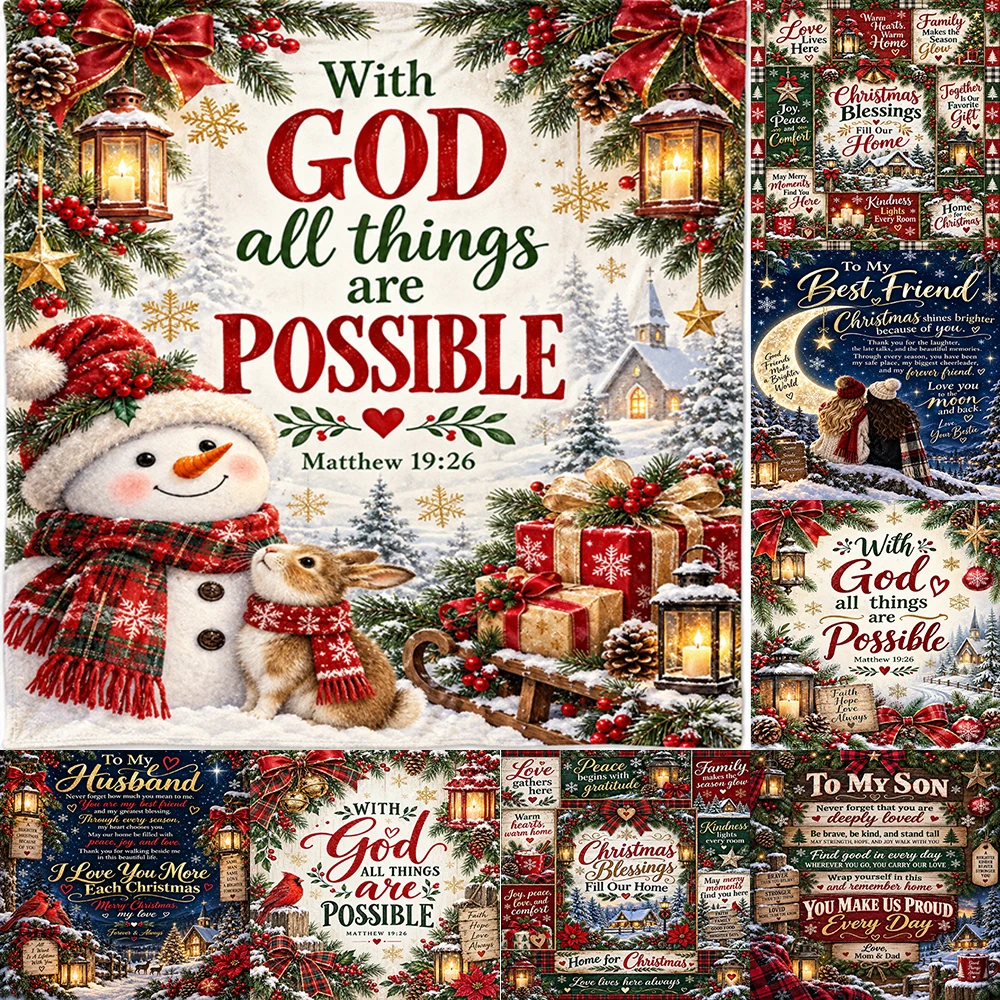 1pcs Christmas Faith Blanket With God All Things Are Possible Winter Snowman Rabbit Throw Blanket for Home Couch Bed