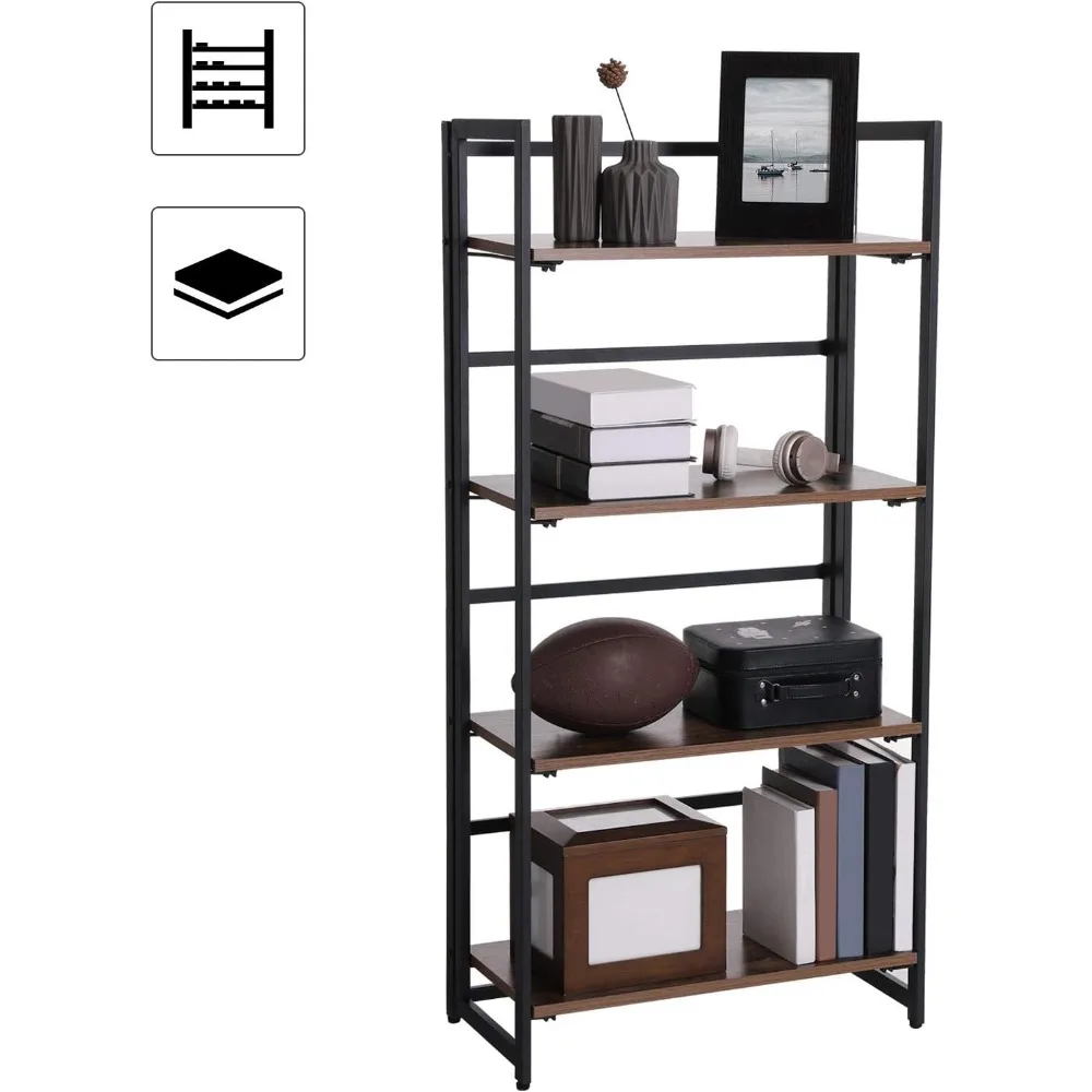 ชั้นวางหนังสือแบบพับได้ 4 ชั้น เฟอร์นิเจอร์สไตล์ไม้พร้อมโครงโลหะ เหมาะสำหรับใช้ในโฮมออฟฟิศ