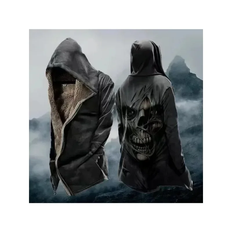 Men\'s Winter Zipper Hoodies Coat Casual for Men Thicken Warm Jackets Skull Print Hooded Cardigan Long Clothing