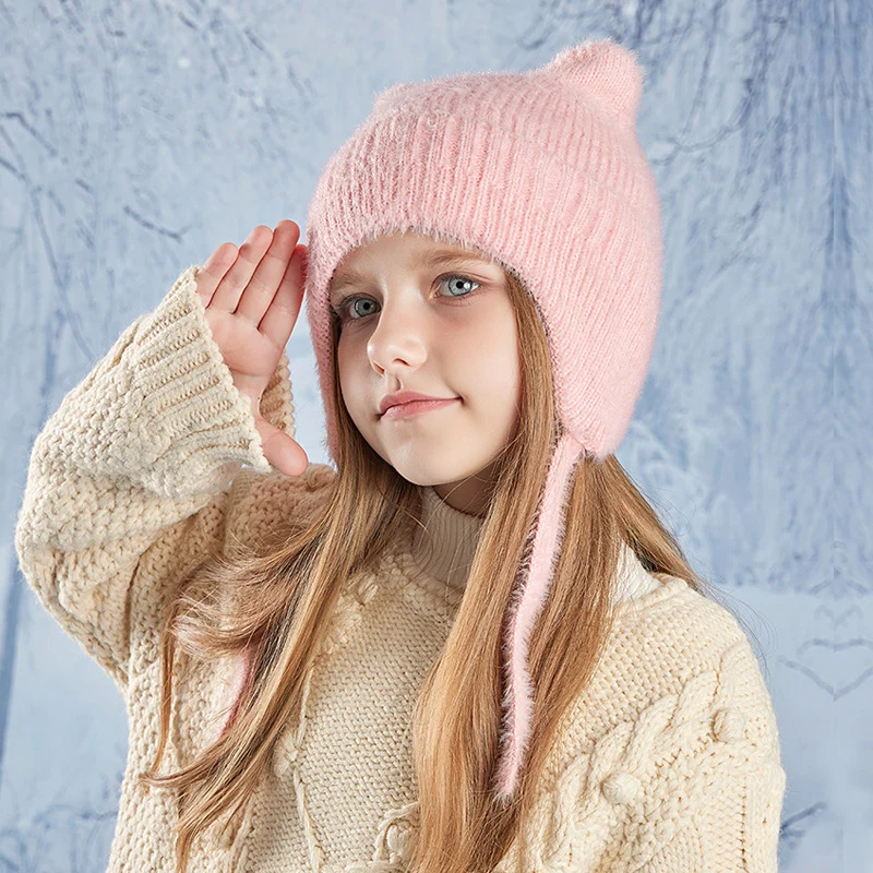 Little Girl Winter Knitted Hat Cute Cartoon Cat Ear Hat Thick Outdoor Warm Ear Protection Cute Cat Hood Soft Kid Hat