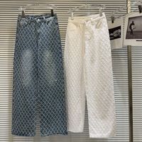 2024 Spring New Elegant Diamond Lattice Jacquard Pattern Washed and Worn Hot Girl Wide Leg Jeans