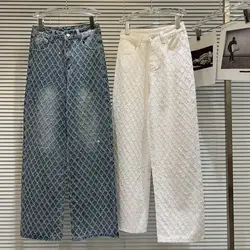2024 Spring New Elegant Diamond Lattice Jacquard Pattern Washed and Worn Hot Girl Wide Leg Jeans
