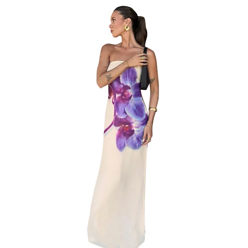 Euro-amerikanisches, trägerloses, ärmelloses, locker sitzendes Maxikleid mit offenem Rücken und Blumenmuster für Damen