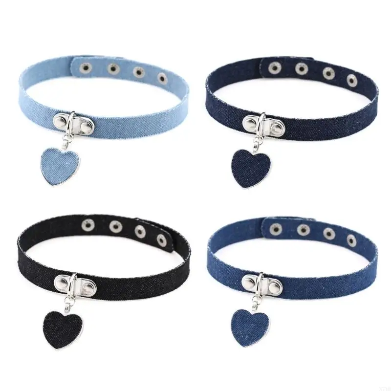 

N7YF Blue Denims Choker Necklace For Women Heart Pendant Jeans Chokers Neck Accessory