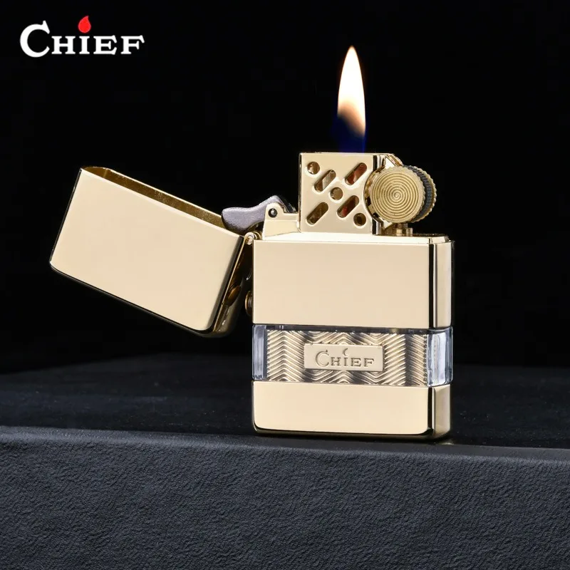 CHIEF Brass Transparent Oil Tank Windproof Kerosine Lighter Creative Oil Pump Classic Grinding Wheel Ignition Retro Lighters