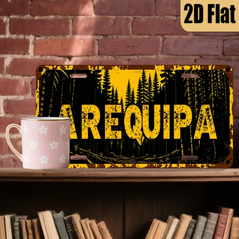 1pc Vintage AREQUIPA License Plate - Large 6x12 Inch Retro Metal Wall Decor with Bold Yellow Letters, for Home, Garage, for Man