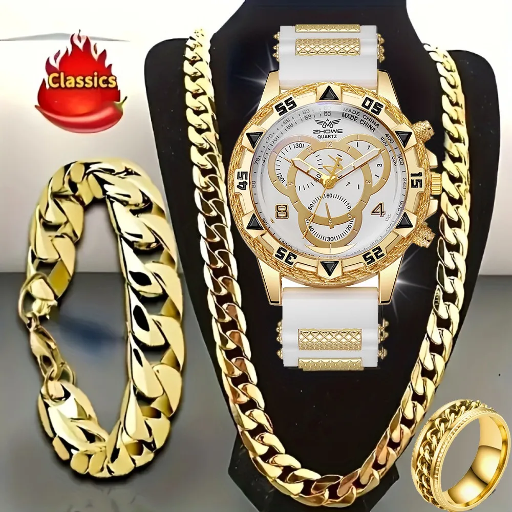 4‑Piece Luxury Men’s Watch and Jewelry Set, Includes Necklace, Bracelet, Ring & Minimalist Quartz Wristwatch - view 2