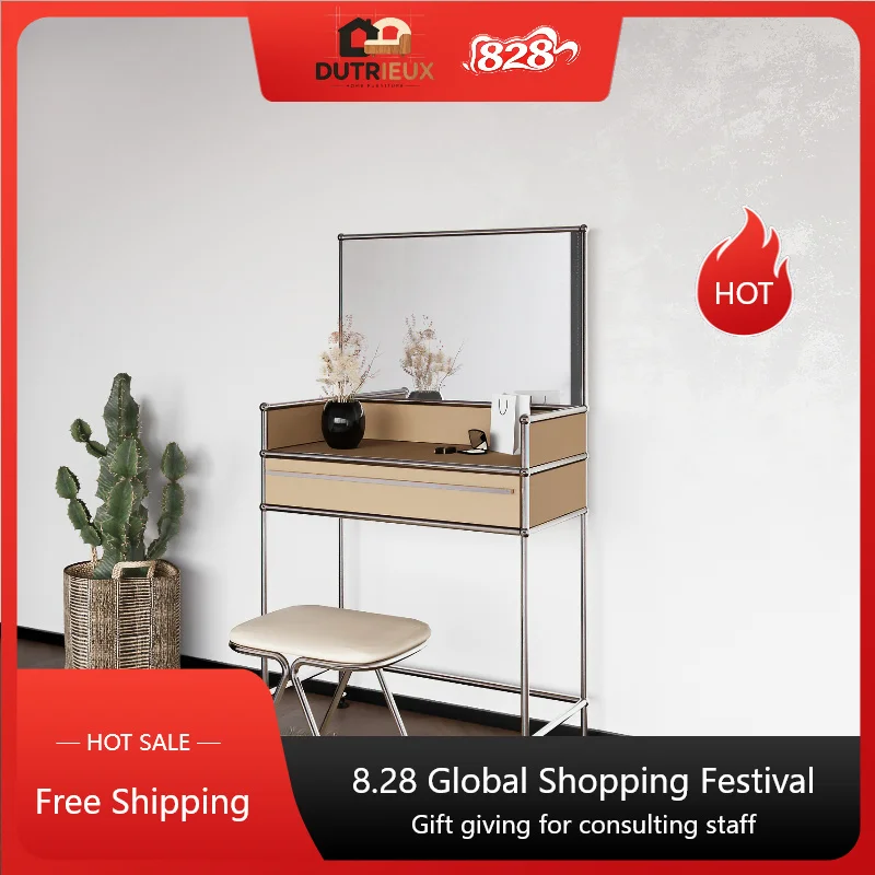 Medieval Girls Woman Dresser Drawers Bedroom Vanity Makeup Table Small Mirror Apartment Integrated Stool Penteadeira Furniture