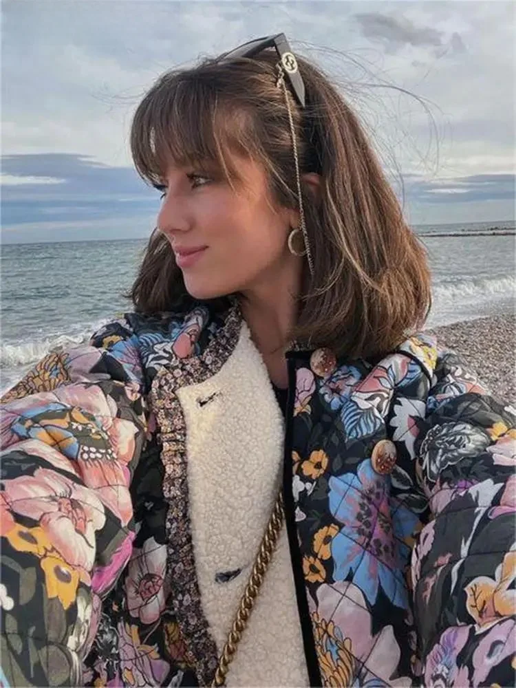 

Women's Loose Flower Printed Spliced Long Thiened Coat Spring Autumn Cotton Jaet Casual Comfortable Outerwear