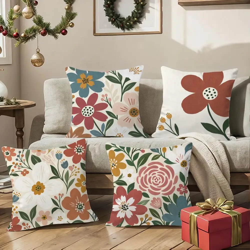 Folk Floral Wall Art Cushion Cover 1/4Pcs Soft Plush Throw Pillow Cover Double-Sided Print Sofa Living Room Decor